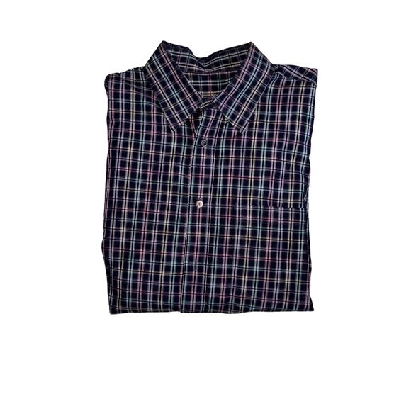 Bugatchi Uomo Men’s Button Up Shirt Large Navy/Multicolor Check 100% Cotton EUC - Picture 1 of 11